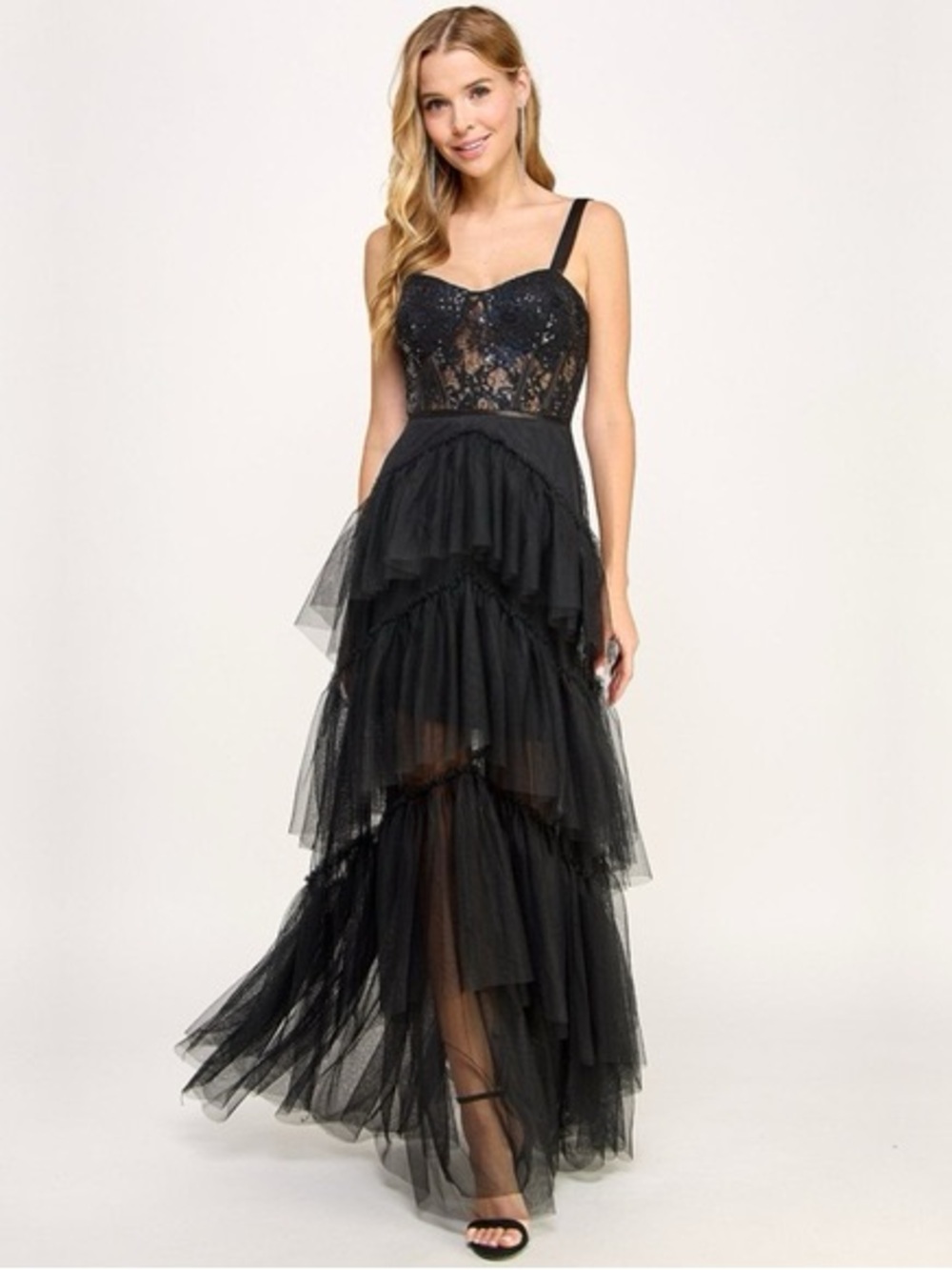City Studio Black Lace Tiered Tulle Prom Gown